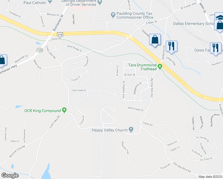 map of restaurants, bars, coffee shops, grocery stores, and more near 513 Cole Creek Drive in Dallas