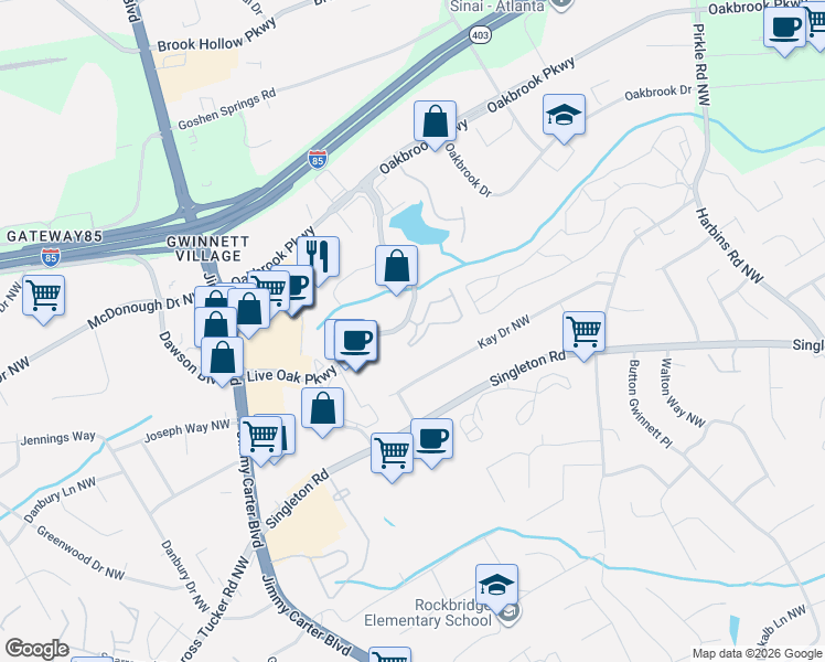 map of restaurants, bars, coffee shops, grocery stores, and more near 5863 Brookside Oak Circle in Norcross