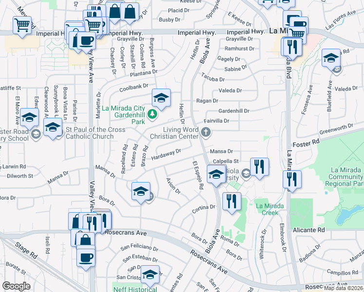 map of restaurants, bars, coffee shops, grocery stores, and more near 14625 Hardaway Drive in La Mirada