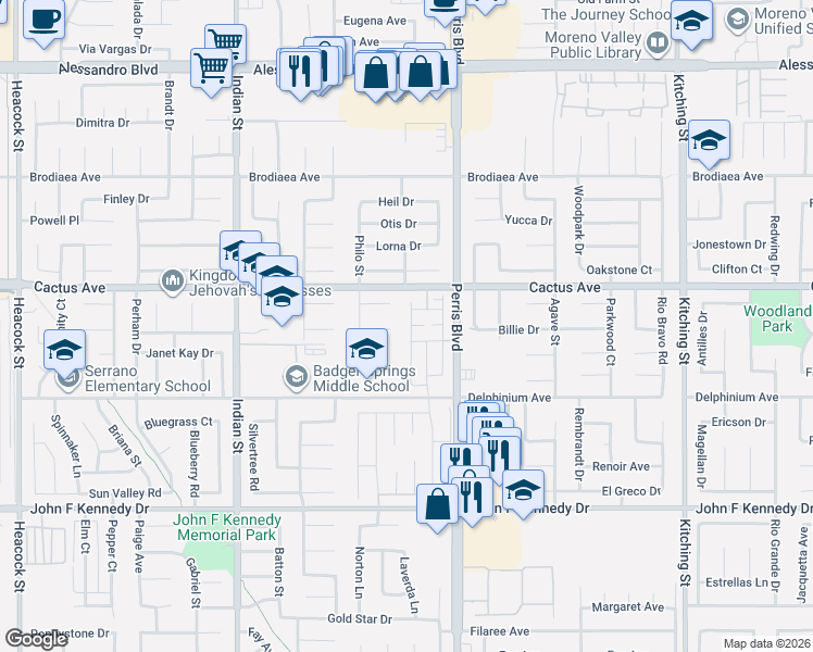 map of restaurants, bars, coffee shops, grocery stores, and more near 14583 Gulfstream Lane in Moreno Valley
