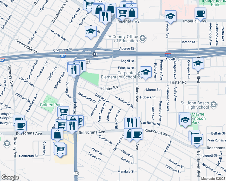 map of restaurants, bars, coffee shops, grocery stores, and more near 9226 Foster Road in Bellflower