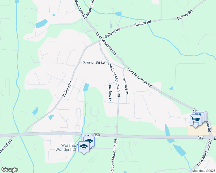 map of restaurants, bars, coffee shops, grocery stores, and more near 1836 Rainbow Lane in Powder Springs