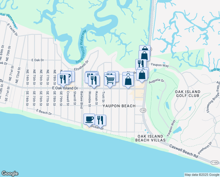 map of restaurants, bars, coffee shops, grocery stores, and more near 8610 E Oak Island Dr in Oak Island