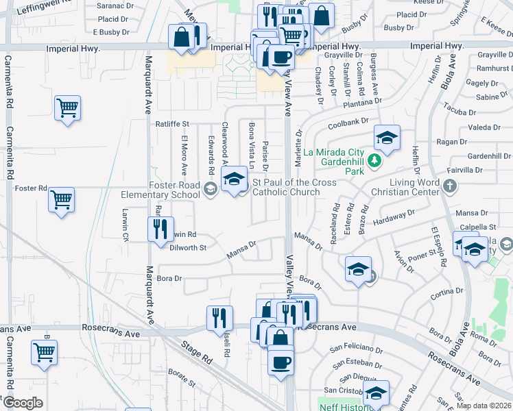 map of restaurants, bars, coffee shops, grocery stores, and more near 13432 Bona Vista Lane in La Mirada