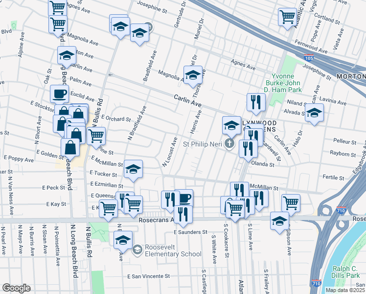 map of restaurants, bars, coffee shops, grocery stores, and more near 12623 Harris Avenue in Lynwood