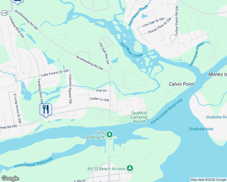 map of restaurants, bars, coffee shops, grocery stores, and more near 1809 Bricklanding Road Southwest in Shallotte