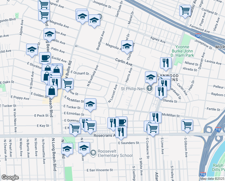 map of restaurants, bars, coffee shops, grocery stores, and more near 2113 North Locust Avenue in Compton