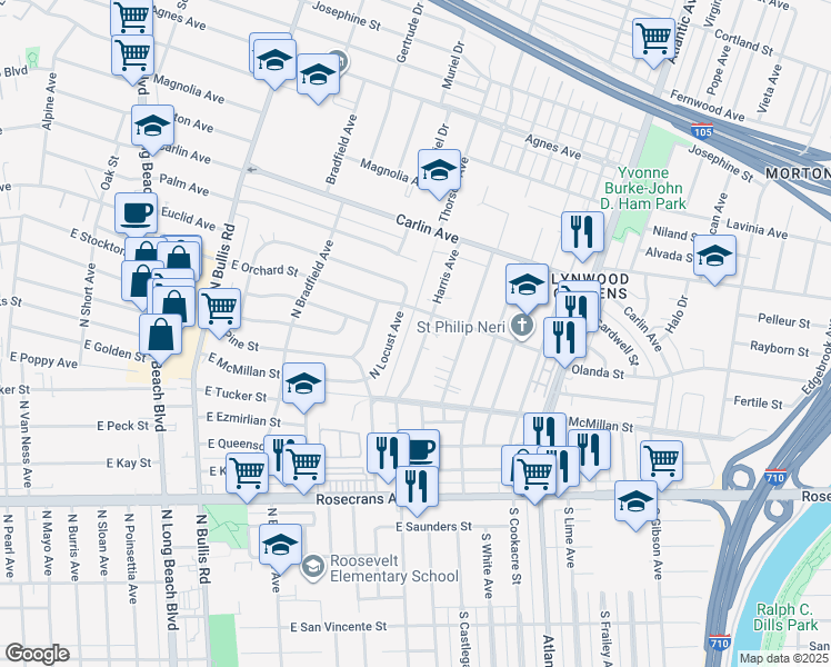 map of restaurants, bars, coffee shops, grocery stores, and more near 12623 Harris Avenue in Lynwood