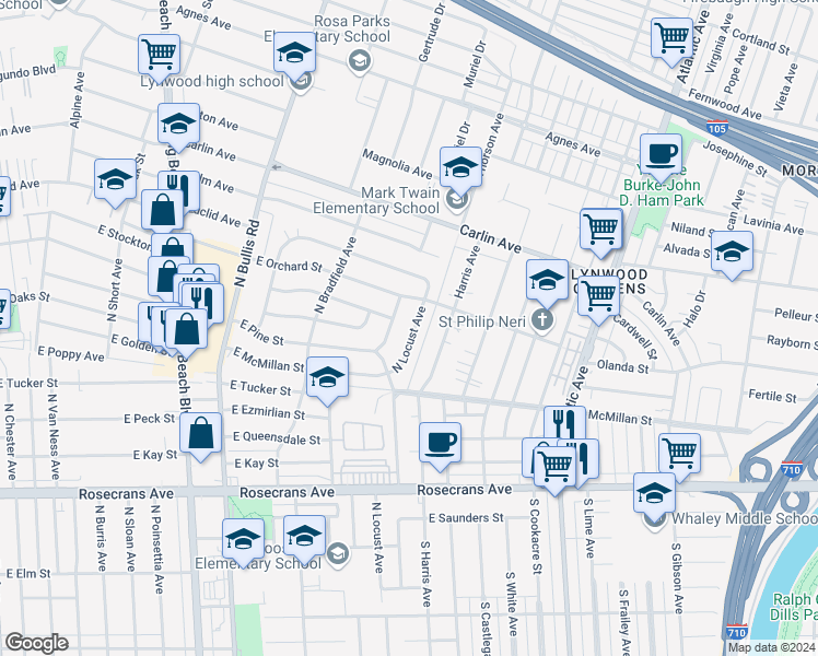 map of restaurants, bars, coffee shops, grocery stores, and more near 2113 North Locust Avenue in Compton