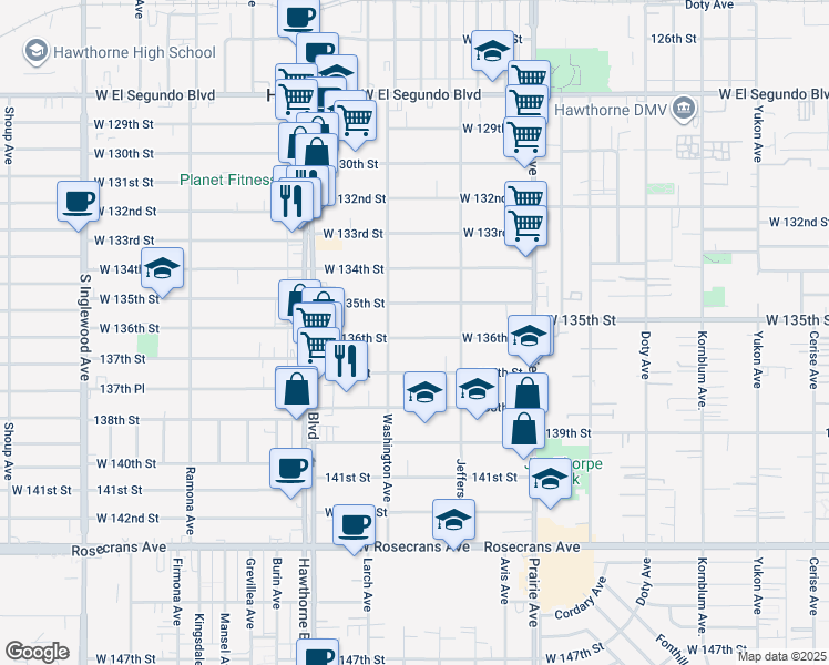 map of restaurants, bars, coffee shops, grocery stores, and more near 4219 West 136th Street in Hawthorne