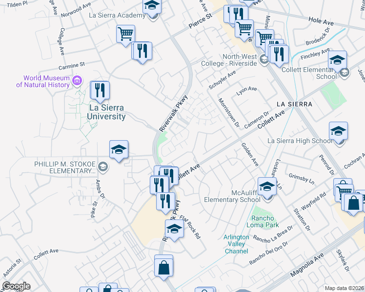map of restaurants, bars, coffee shops, grocery stores, and more near 4409 Water Lane in Riverside