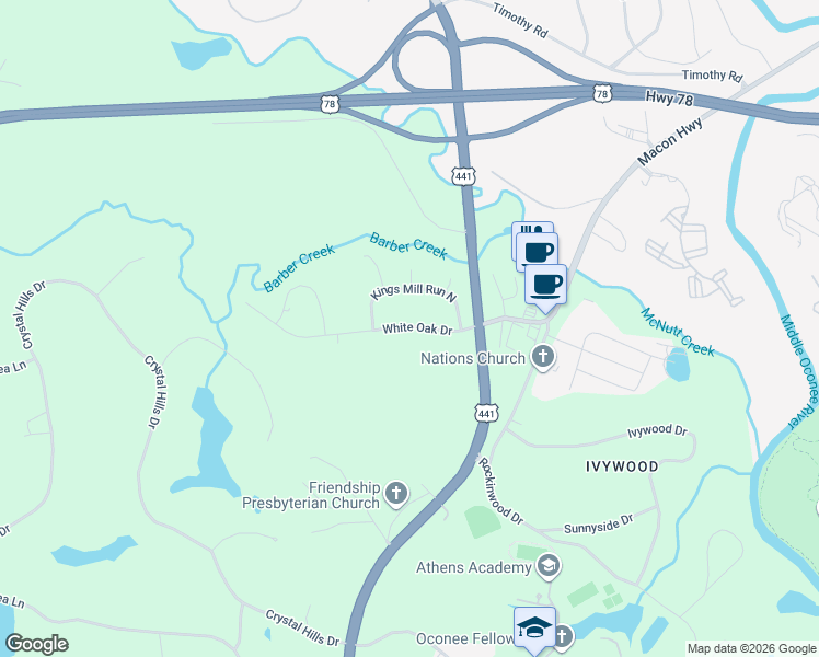 map of restaurants, bars, coffee shops, grocery stores, and more near 1182 White Oak Drive in Athens