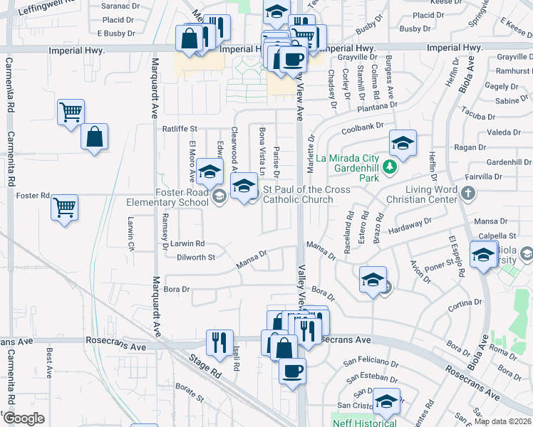 map of restaurants, bars, coffee shops, grocery stores, and more near 13432 Bona Vista Lane in La Mirada