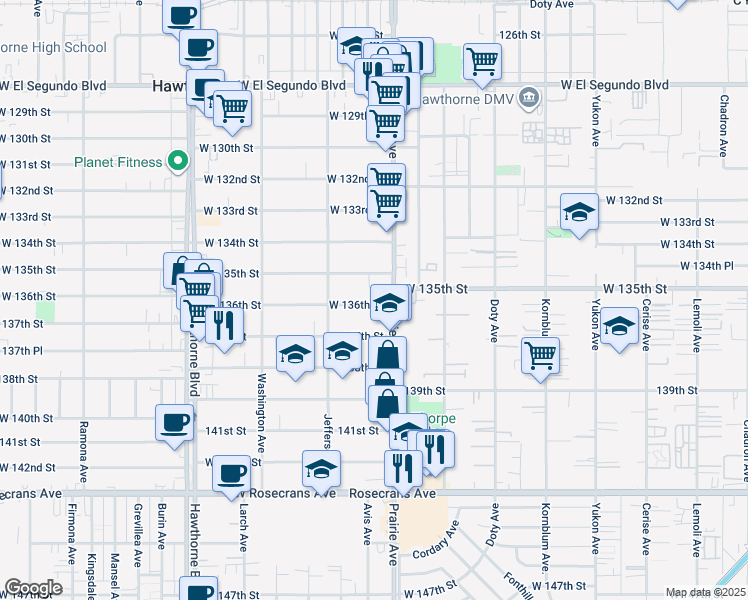 map of restaurants, bars, coffee shops, grocery stores, and more near 13541 Prairie Avenue in Hawthorne