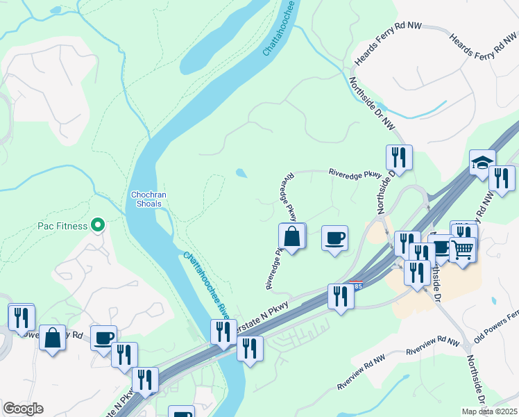 map of restaurants, bars, coffee shops, grocery stores, and more near 2100 Riveredge Parkway Northwest in Atlanta