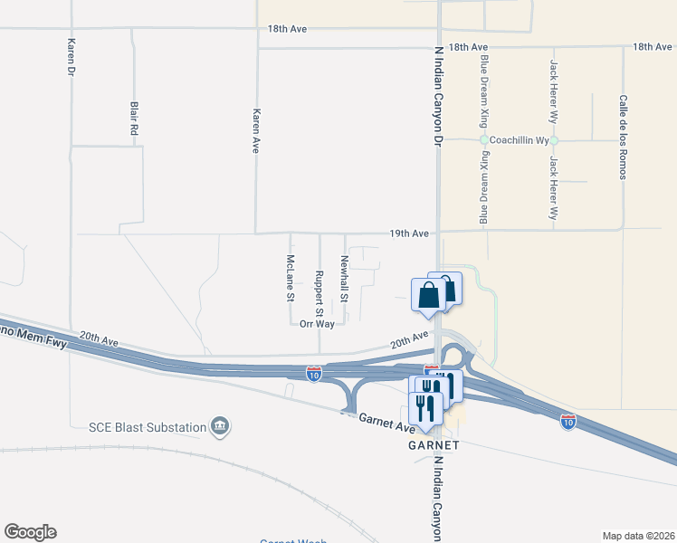 map of restaurants, bars, coffee shops, grocery stores, and more near 19161 Newhall Street in Desert Hot Springs