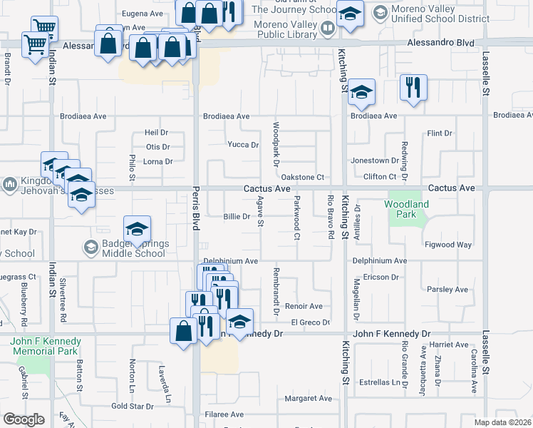 map of restaurants, bars, coffee shops, grocery stores, and more near 25252 Billie Drive in Moreno Valley