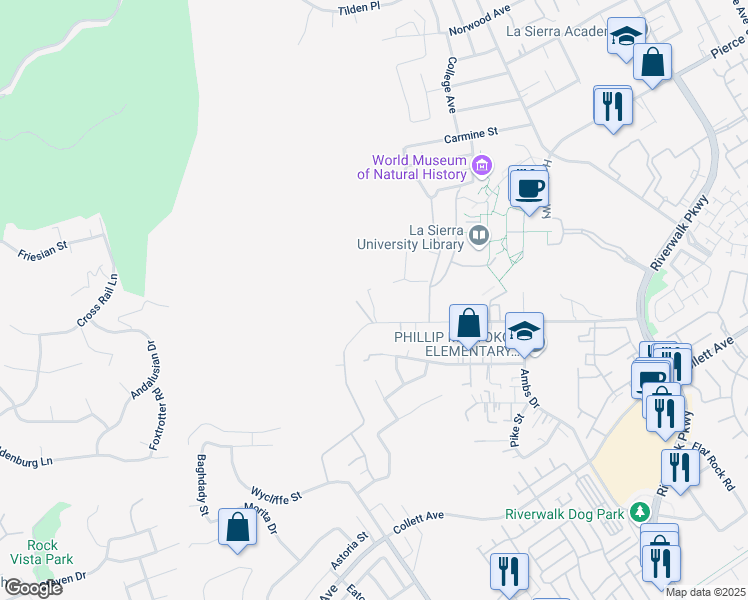 map of restaurants, bars, coffee shops, grocery stores, and more near 12121 Raley Drive in Riverside