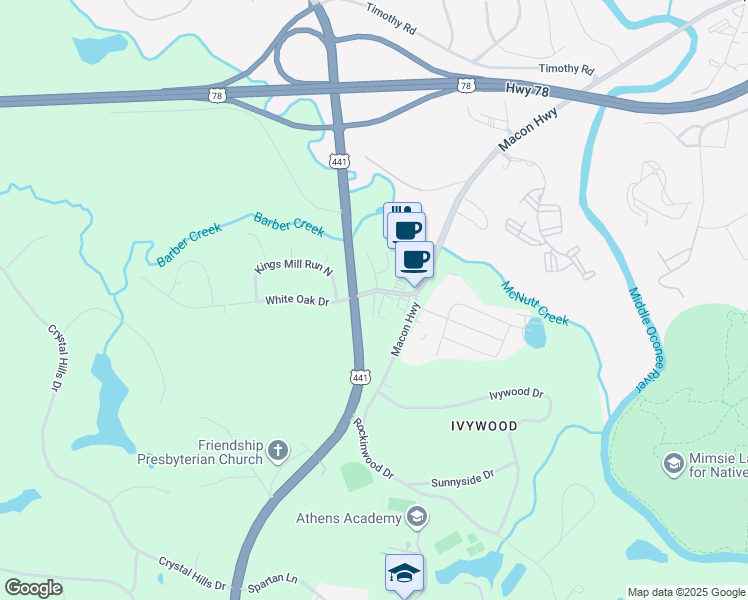 map of restaurants, bars, coffee shops, grocery stores, and more near 1040 White Oak Drive in Athens