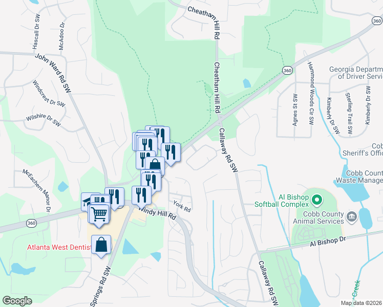 map of restaurants, bars, coffee shops, grocery stores, and more near 1804 Kolb Farm Circle Southwest in Marietta