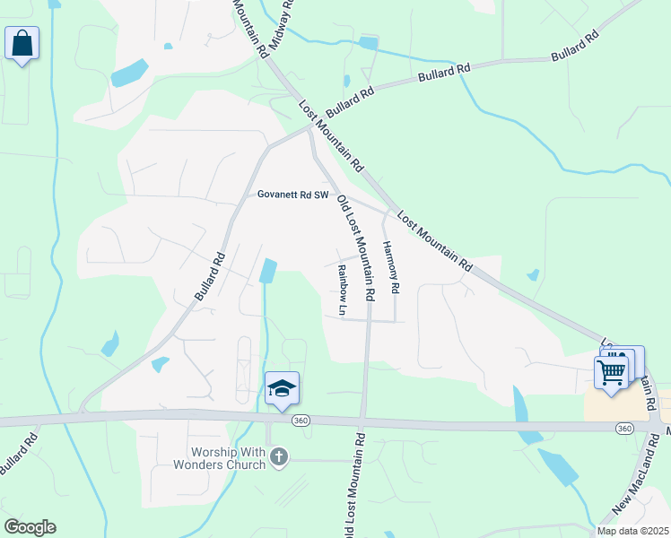 map of restaurants, bars, coffee shops, grocery stores, and more near 1836 Rainbow Lane in Powder Springs