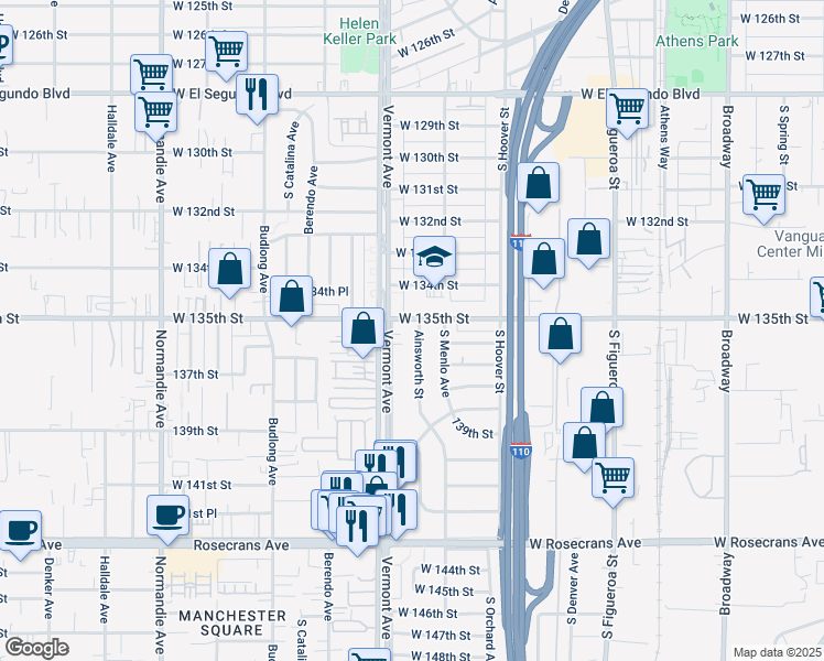 map of restaurants, bars, coffee shops, grocery stores, and more near 13509 South Ainsworth Street in Gardena