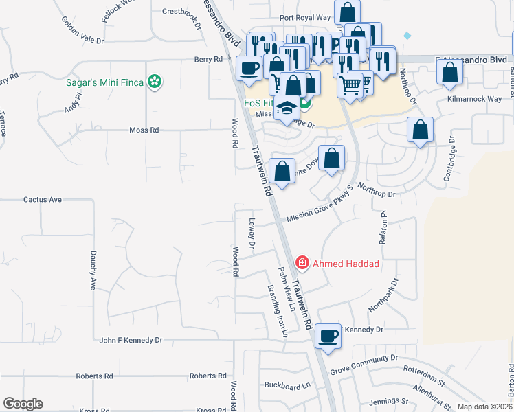 map of restaurants, bars, coffee shops, grocery stores, and more near 19156 Zamora Way in Riverside