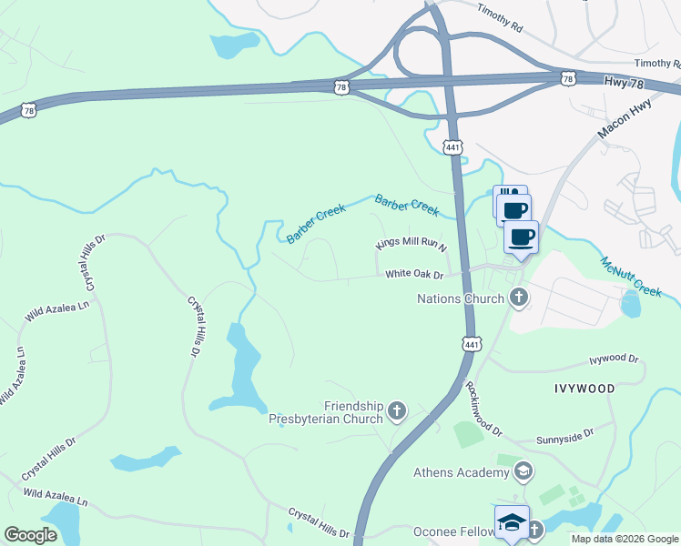 map of restaurants, bars, coffee shops, grocery stores, and more near 1002 Sweetwater Circle in Athens