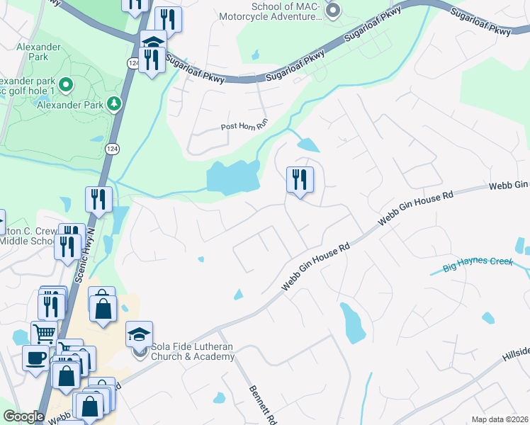 map of restaurants, bars, coffee shops, grocery stores, and more near 1052 Hidden Spirit Trail in Lawrenceville