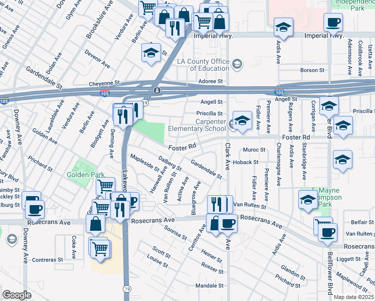map of restaurants, bars, coffee shops, grocery stores, and more near 9226 Foster Road in Bellflower