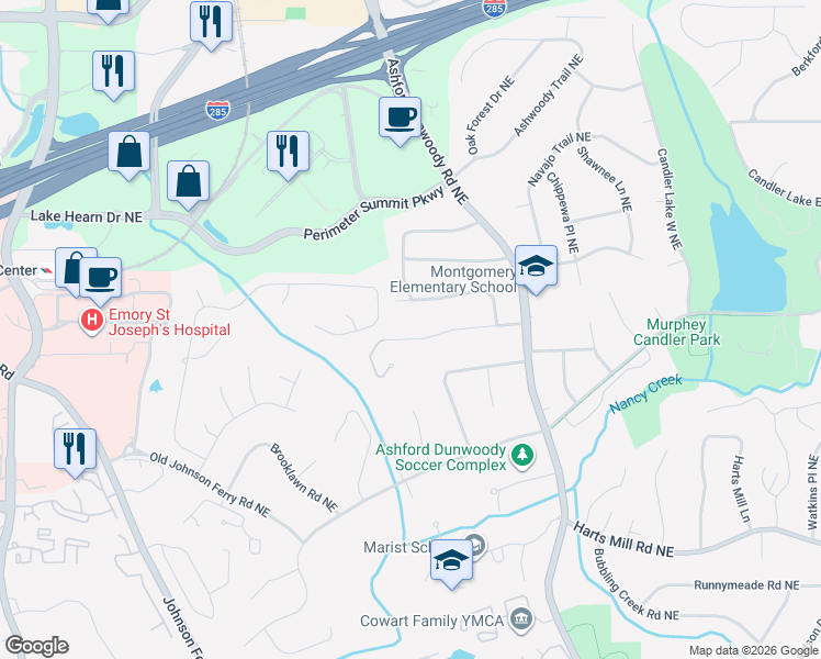 map of restaurants, bars, coffee shops, grocery stores, and more near 1262 Chaucer Lane Northeast in Atlanta