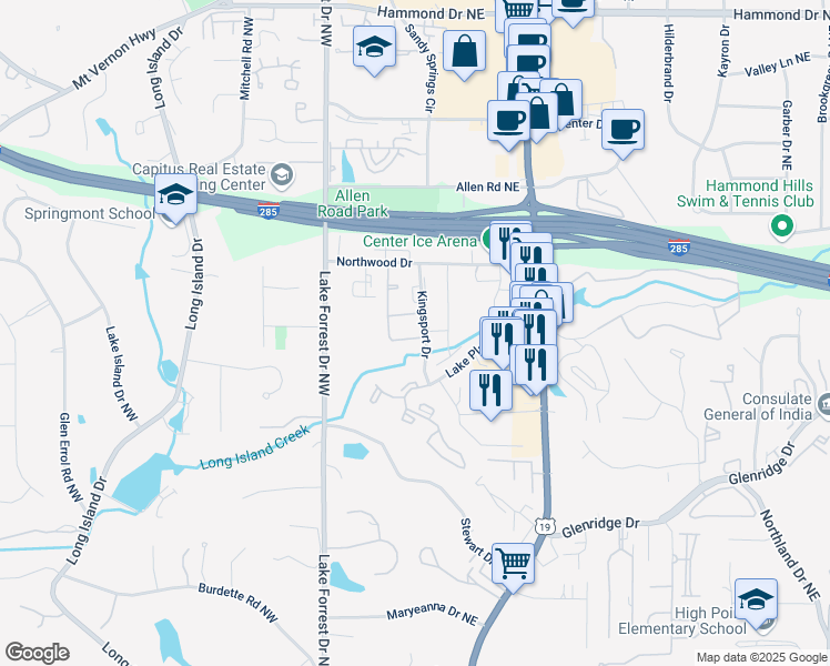 map of restaurants, bars, coffee shops, grocery stores, and more near 5560 Kingsport Drive in Atlanta