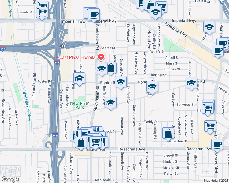 map of restaurants, bars, coffee shops, grocery stores, and more near 13423 Dalwood Avenue in Norwalk