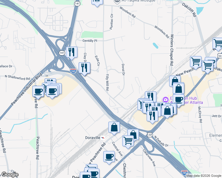 map of restaurants, bars, coffee shops, grocery stores, and more near 3953 Tilly Mill Road in Doraville