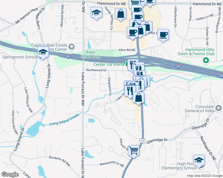 map of restaurants, bars, coffee shops, grocery stores, and more near 5543 Kingsport Drive in Atlanta