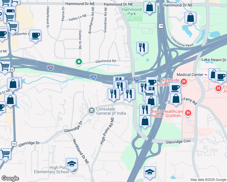 map of restaurants, bars, coffee shops, grocery stores, and more near 5573 High Point Road Northeast in Atlanta