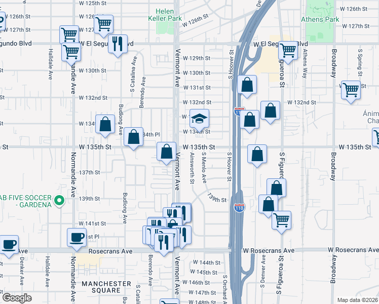 map of restaurants, bars, coffee shops, grocery stores, and more near 13509 South Ainsworth Street in Gardena