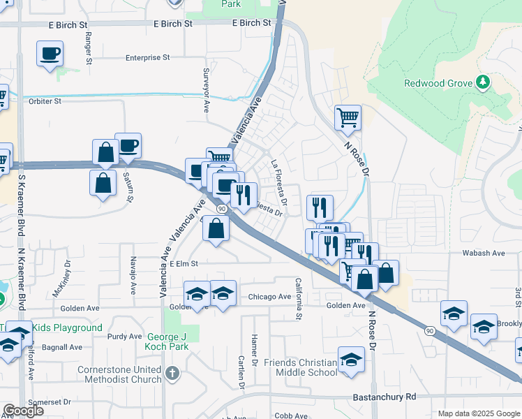 map of restaurants, bars, coffee shops, grocery stores, and more near 3534 La Fiesta Drive in Brea