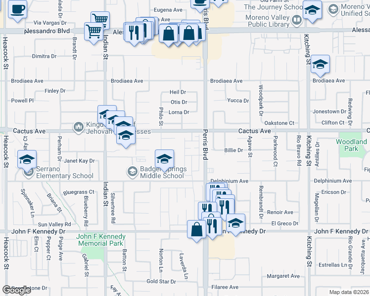 map of restaurants, bars, coffee shops, grocery stores, and more near Gossamer Court in Moreno Valley