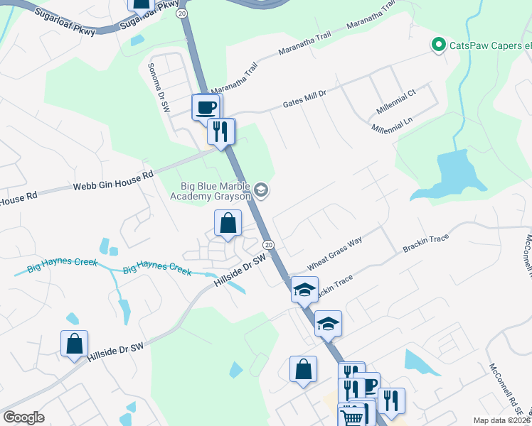 map of restaurants, bars, coffee shops, grocery stores, and more near 1515 Willow River Run in Grayson