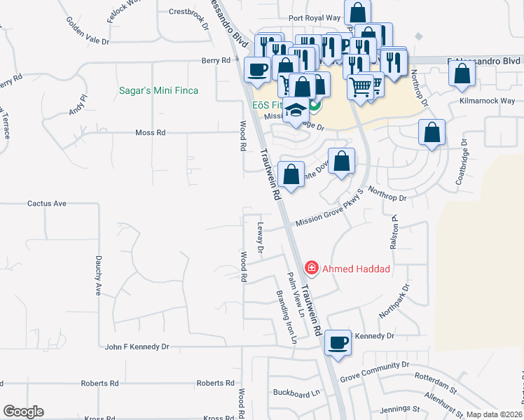 map of restaurants, bars, coffee shops, grocery stores, and more near 19136 Zamora Way in Riverside