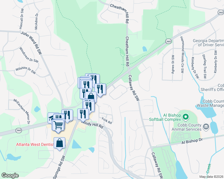 map of restaurants, bars, coffee shops, grocery stores, and more near 1804 Kolb Farm Circle Southwest in Marietta