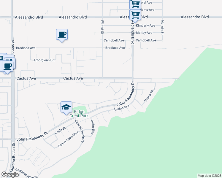 map of restaurants, bars, coffee shops, grocery stores, and more near 28817 Big Pine Way in Moreno Valley