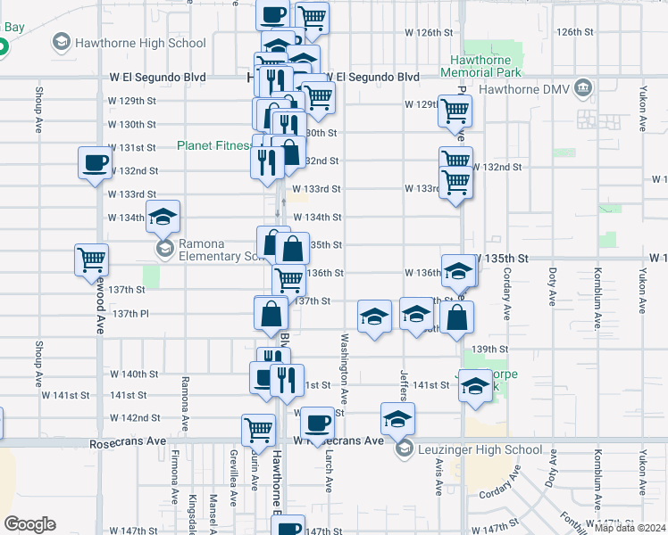 map of restaurants, bars, coffee shops, grocery stores, and more near 4319 West 136th Street in Hawthorne
