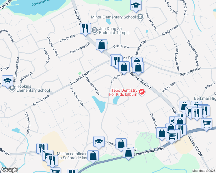 map of restaurants, bars, coffee shops, grocery stores, and more near 713 Berts Circle Northwest in Lilburn