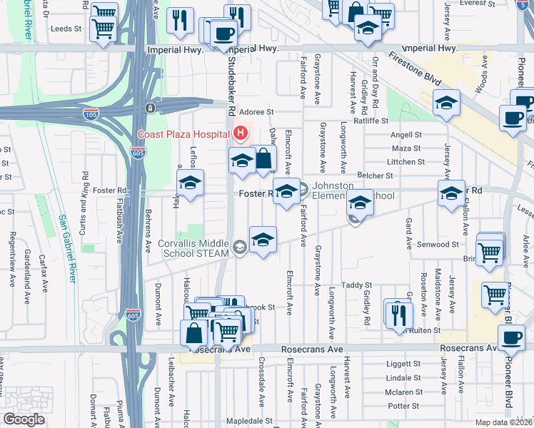 map of restaurants, bars, coffee shops, grocery stores, and more near 13423 Dalwood Avenue in Norwalk