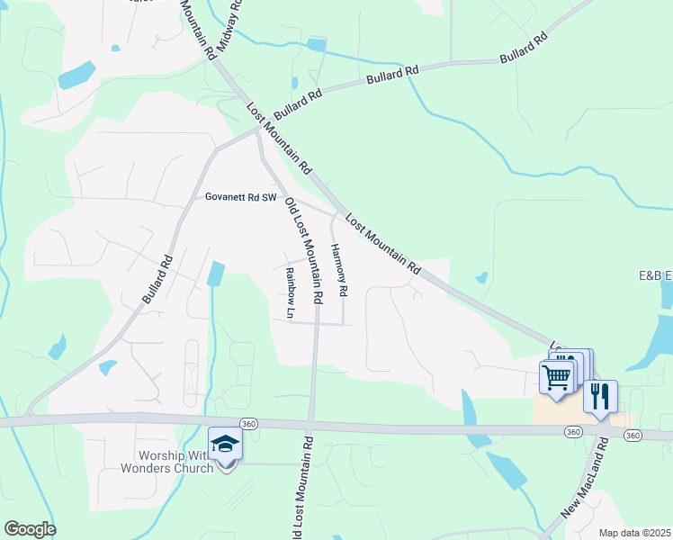 map of restaurants, bars, coffee shops, grocery stores, and more near 1850 Harmony Road in Powder Springs