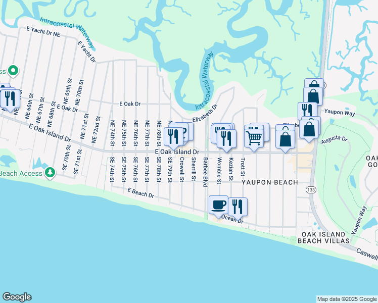 map of restaurants, bars, coffee shops, grocery stores, and more near 1006 East Oak Island Drive in Oak Island