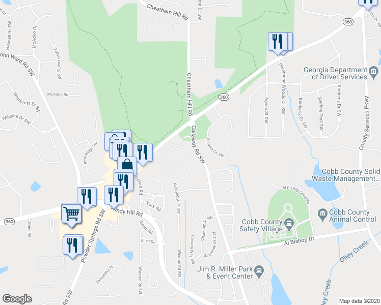 map of restaurants, bars, coffee shops, grocery stores, and more near 1886 Kolb Farm Circle Southwest in Marietta