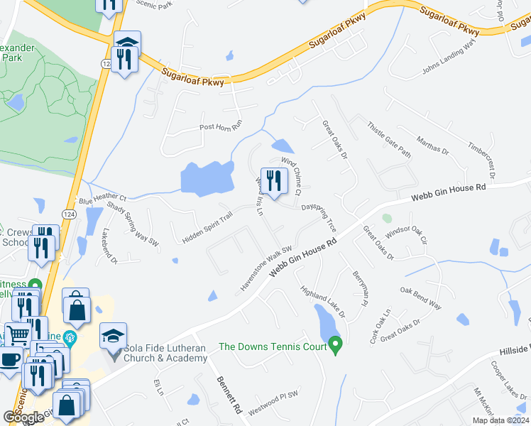 map of restaurants, bars, coffee shops, grocery stores, and more near 1428 Wood Iris Lane in Lawrenceville